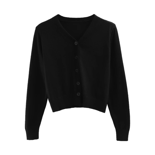 Весенний лонгслив, свитер, демисезонный корейский черный трикотажный кардиган, тренд сезона, V-образный вырез