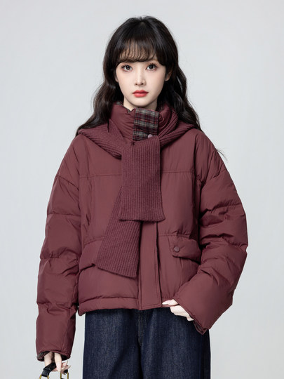 Red Stand-Up Collar down Jacket for Women, Winter 2026 New Style, Plaid Patchwork, Warm Puffer Jacket, Short Top