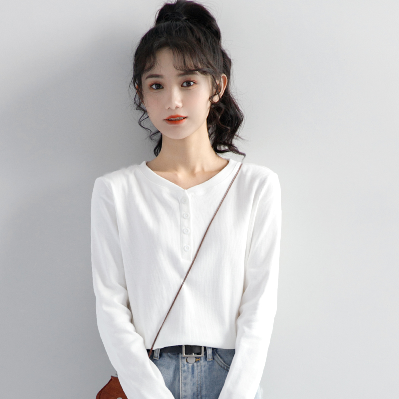 白色打底衫女春秋2025新款简约百搭正肩长袖白T恤显瘦内搭v领上衣