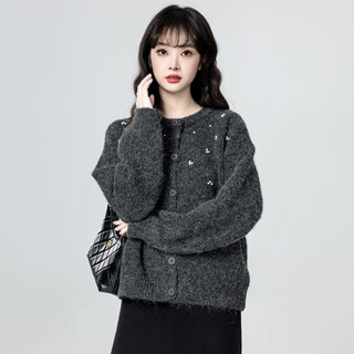 Dark Gray Round-Neck Sweater Cardigan for Women, Autumn/Winter 2026 New Style, Beaded, Soft and Thick Knit Cardigan Top