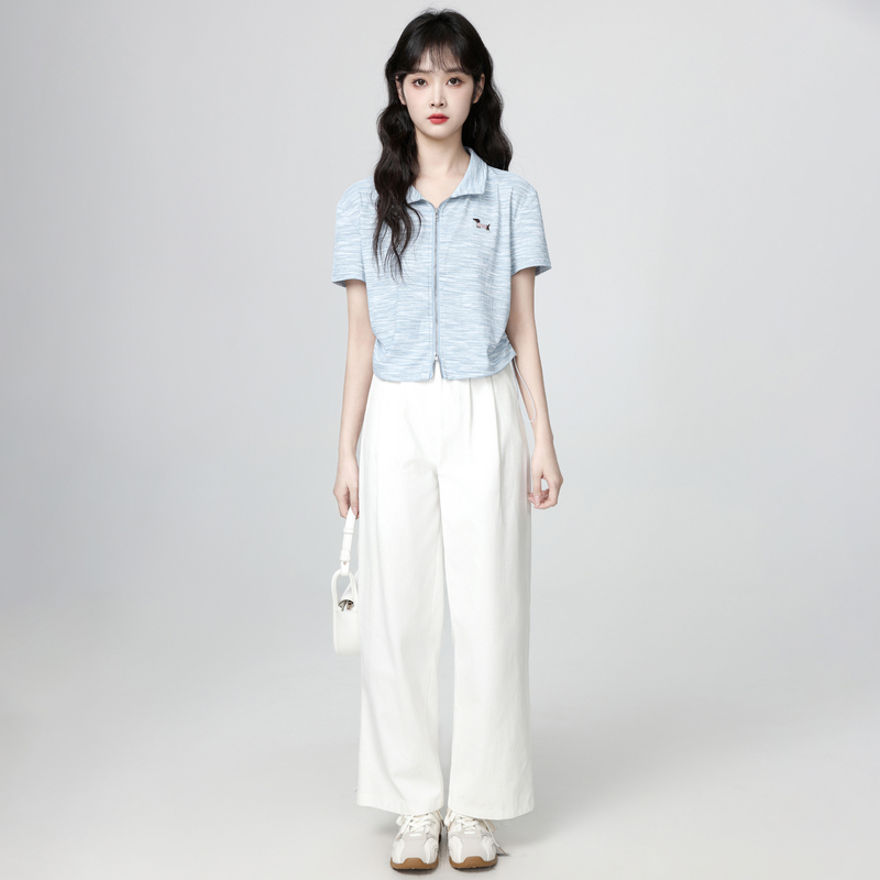 Blue Polo Collar Short-Sleeved T-Shirt for Women Summer 2026 New Summer Style Double Zipper Drawstring Right Shoulder T-Shirt Short Top Blue Polo Collar Short-Sleeved T-Shirt for Women Summer 2026 New Summer Style Double Zipper Drawstring Right Shoulder T-Shirt Short Top