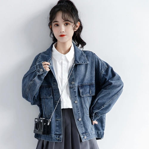 Весенняя синяя японская школьная юбка, джинсовая осенняя короткая куртка, тренд сезона, в корейском стиле