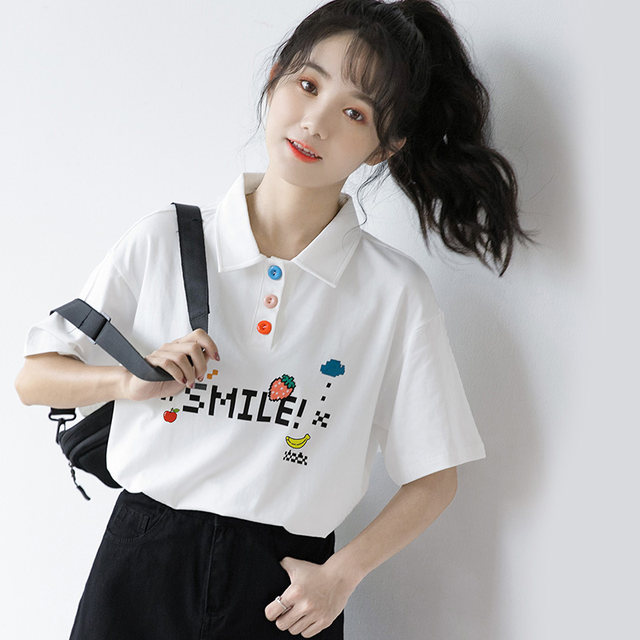 2022 new Japanese cute college style girl polo shirt student lapel white T-shirt top collar short sleeve