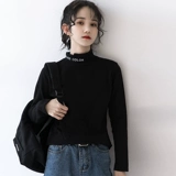 孜索 Демисезонный приятный телу ретро черный лонгслив, высокий воротник