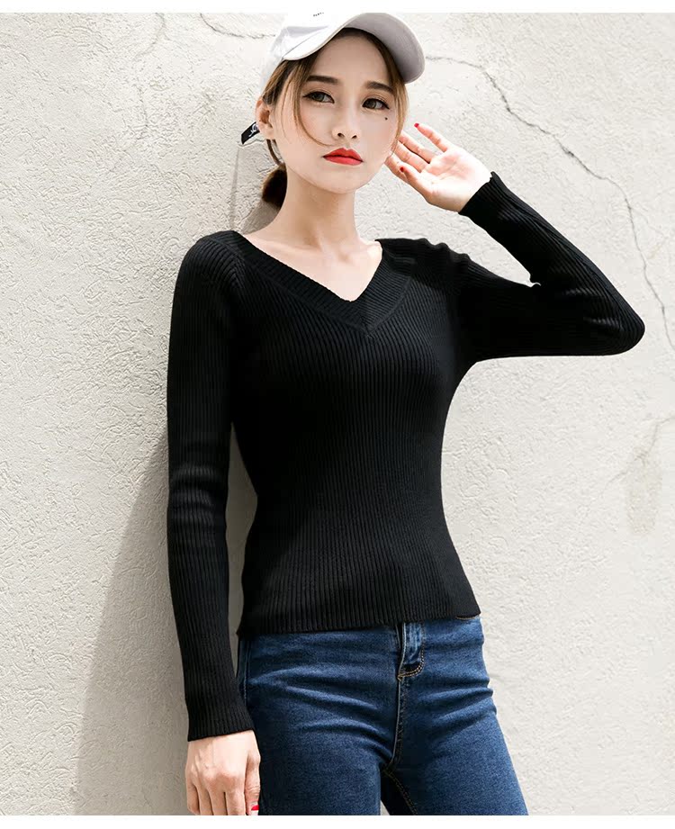 Mùa thu 2018 mới áo sơ mi dài tay màu đỏ gạch cổ chữ V áo len hoang dã nữ phiên bản Hàn Quốc áo len nữ cổ tim tay dài