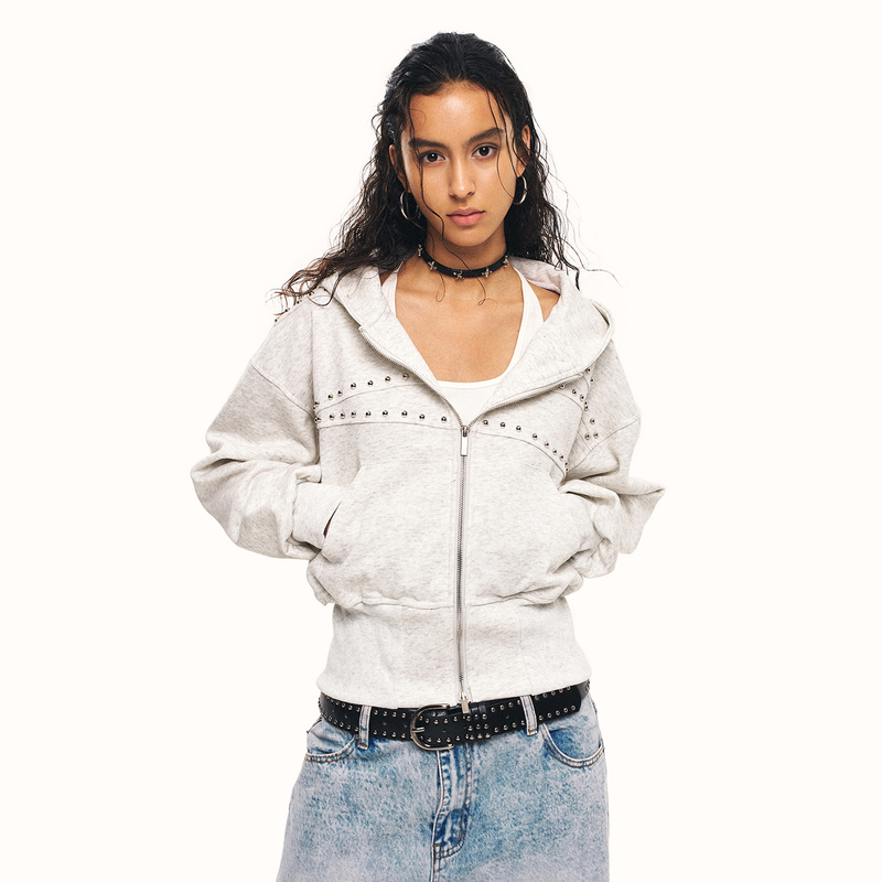 0123Start Rivet Hooded Cardigan Sweatshirt for Women, Loose-Fitting American Retro Hot Girl Style, Short Waist-Cinching Beaded Jacket 0123Start Rivet Hooded Cardigan Sweatshirt for Women, Loose-Fitting American Retro Hot Girl Style, Short Waist-Cinching Beaded Jacket