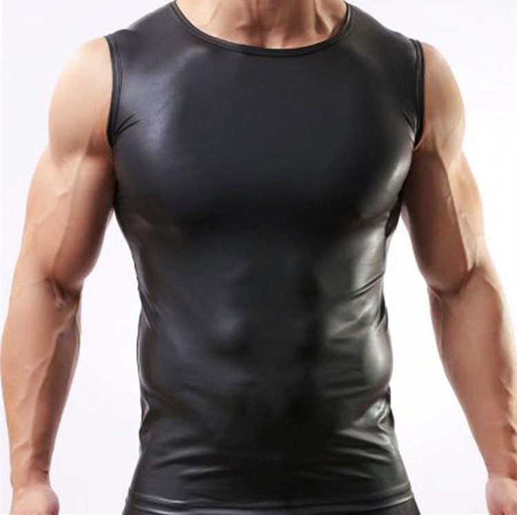 Giải phóng mặt bằng da vest nam đen vest PU thể thao mùa hè mỏng gợi cảm bó sát mồ hôi áo đêm áo ba lỗ