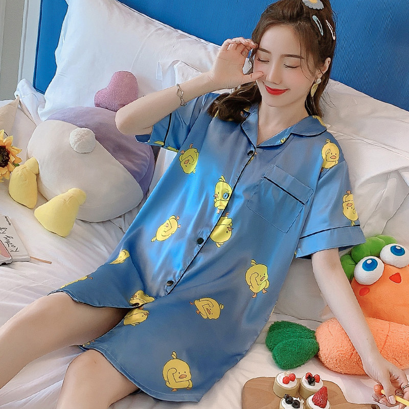 Pijama, yozgi ipakdan ishlangan, jozibali, yupqa, yoqimli uzun yubka, kalta yengli, internet yulduzi, o'rta uzunlik