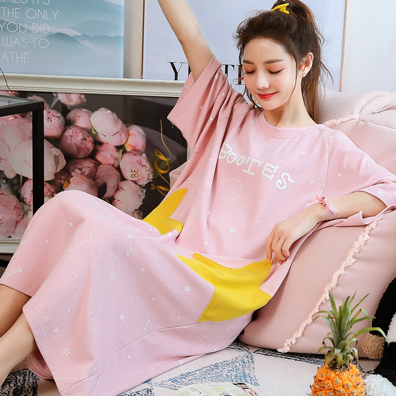 Pajamas Women's summer night dress thin skirt pure cotton cute large size fat mm summer loose pregnant woman long section over the knee