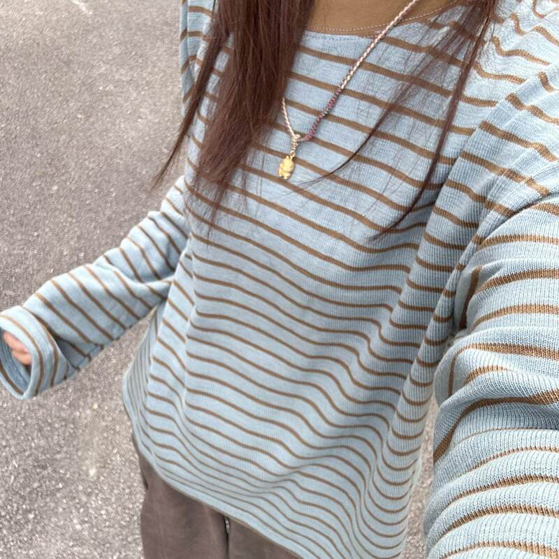 Casual Style Knitted Sweater for Women, New Autumn Loose-Fitting Korean Style Long-Sleeve Striped T-Shirt with Contrasting Colors, Flattering Base Layer Top