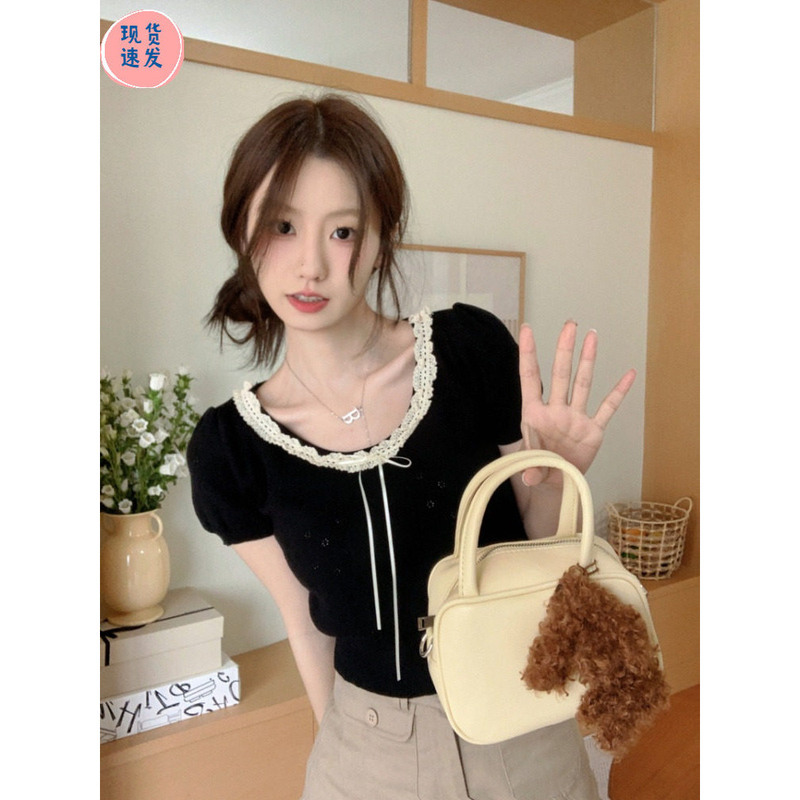 Beautiful Summer Bow-Knot French-Style Hollow-Out Ice Silk Knitted Short-Sleeve T-Shirt for Women with Lace Trim Short Top
