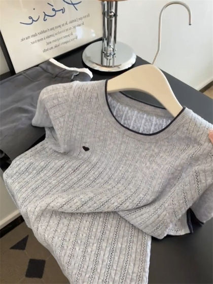 Thin Hollow-Out Cool Knit Short-Sleeve Women's Summer Chic Design Heart Embroidery T-Shirt Color-Blocked Base Top