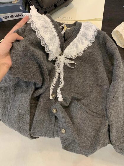 Baby Doll Collar Sweater for Women, Spring and Autumn, Lazy, Cute, Sweet, Lace V-Neck Knitted Cardigan, Japanese Style, Gentle Top