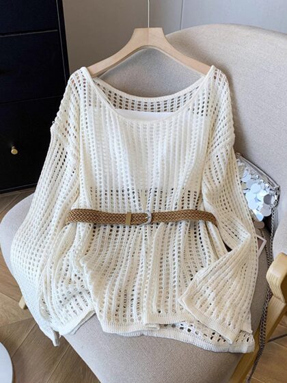 Hot Girl Sexy Hollow-Out Lazy Style Long-Sleeved Knit Top for Women 2026 Spring New Loose Outerwear Thin Top