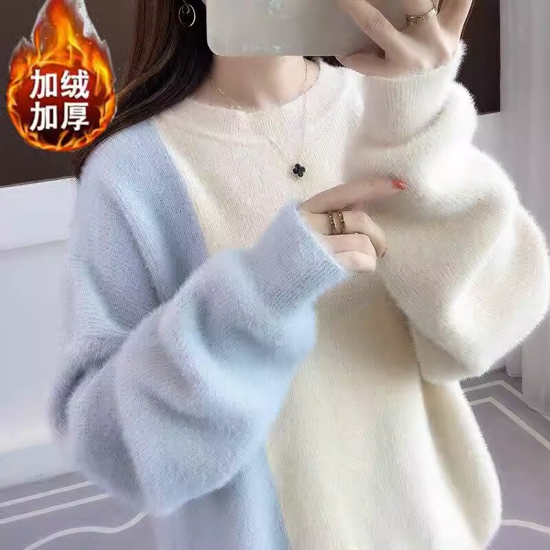 Imitation Mink Velvet 2026 New Autumn and Winter Sweater for Women, Loose Fit, Student Style, Korean Version, Round Neck, Versatile, Thickened Base Layer for Outerwear