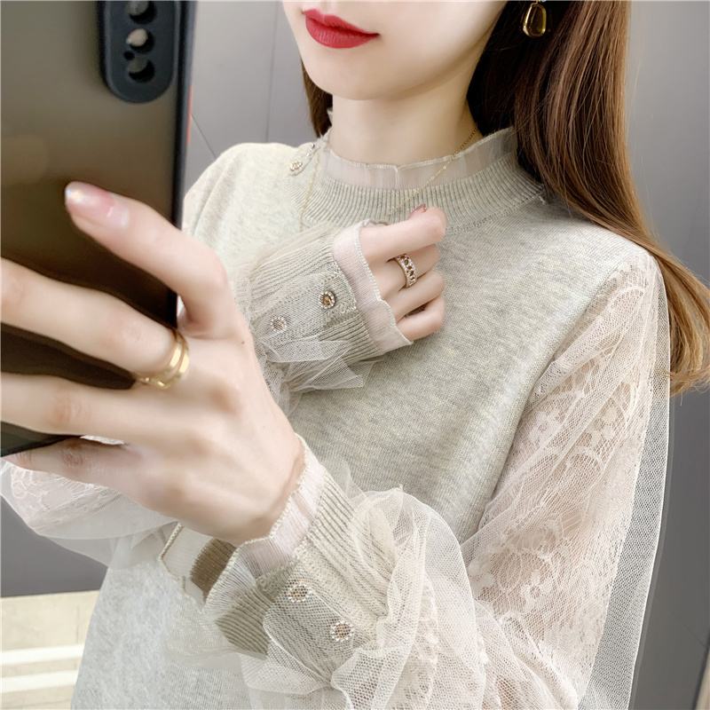 2026 Spring New Women's Sweater Knitted Base Shirt with Lace Sleeves, Thin Solid Color Inner Top, Loose and Stylish