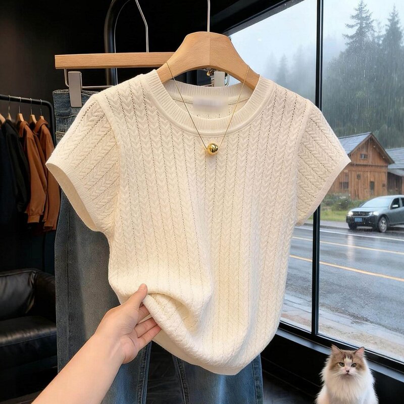 Korean-Style Knitted Short-Sleeve T-Shirt for Women, 2026 Summer Thin Sweater, Unique and Beautiful, Stunning Hollow-Out Regular Shoulder Top