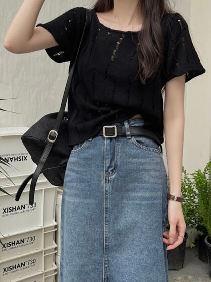 French-Style Hollow-Out Ice Silk Short-Sleeve Knit Top for Women, Summer Ripped Thin Stylish Short Cover-Up Blouse