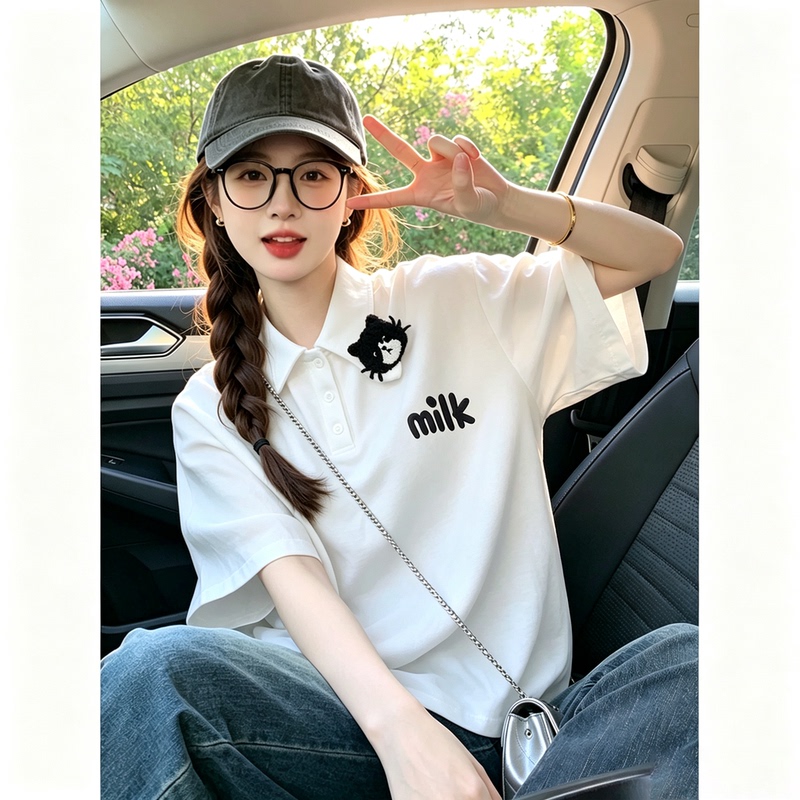 Next Moon Cat Embroidered Polo Collar Short-Sleeved T-Shirt for Women, New Summer Casual Versatile College Style Top Next Moon Cat Embroidered Polo Collar Short-Sleeved T-Shirt for Women, New Summer Casual Versatile College Style Top
