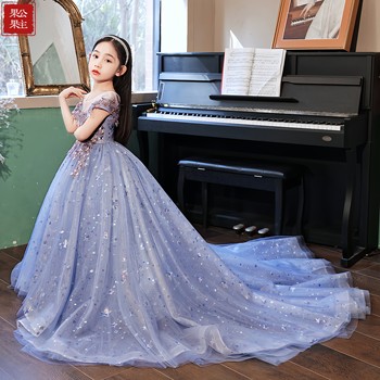 Girls' Dress, Stylish Trailing Blue Princess Dress, Catwalk Birthday Dress, Kidsren's Classy Host Piano Performance Dress