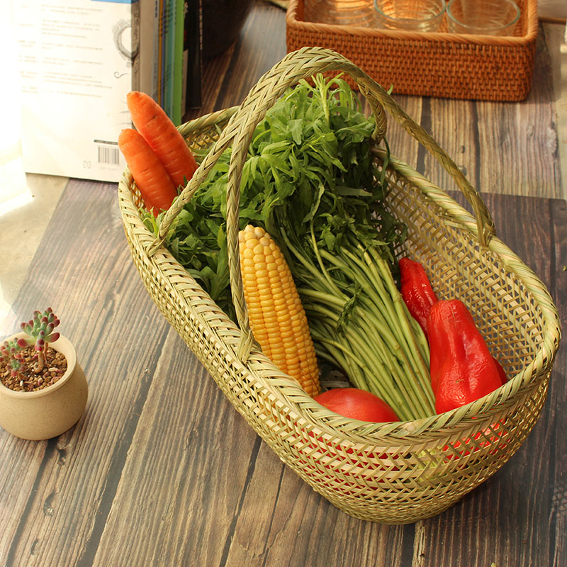 Household bamboo basket portable hand-woven grocery shopping basket bamboo braided egg rattan rectangular shopping fruit basket small