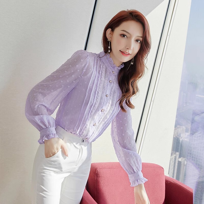Ruffled 2026 Spring New Fashionable Shirt with Stand Collar, Purple Chiffon Blouse for Women