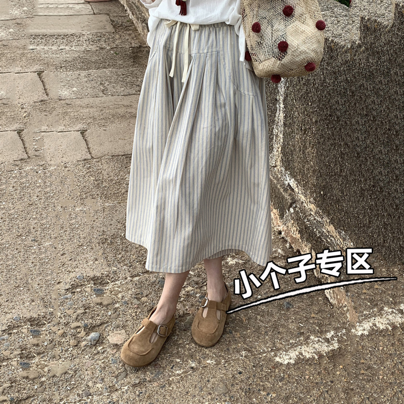 French-Style High-End Feel! Cotton and Linen Striped Wide-Leg Culottes, Popular in Summer for Petite Figures, Lazy Casual, Slimming A-Line Cropped Pants