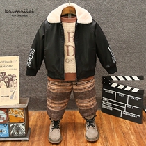 Boys lapel collar coat plus velvet warm leather jacket new winter 2021 fashion foreign style childrens jacket