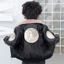 2021 Korean version of boys autumn winter leather jacket plus velvet padded leather jacket baby Pukin lapel jacket warm tide