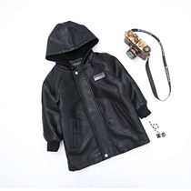 Boy plus velvet thickened winter coat childrens Puskin medium long hooded leather coat Korean handsome windproof top