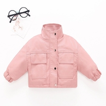 Girls leather jacket plus velvet thickened autumn and winter foreign atmosphere Korean version of boys children jacket small and medium big childrens clothing 2021