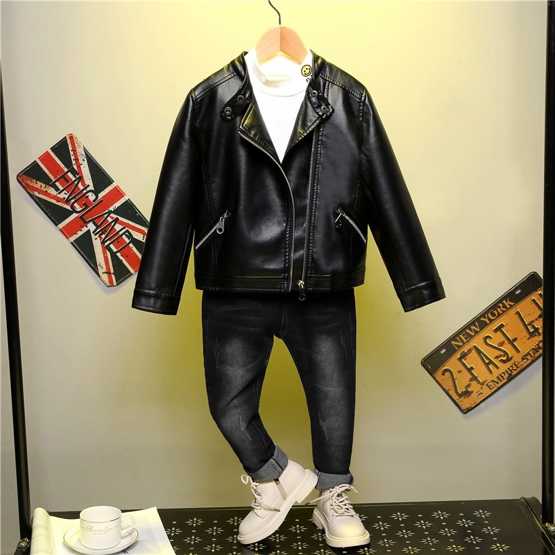 2022 Autumn Children's Clothing Boy Leather Clothing Han Version CUHK Tong Collar Children's Leather Jacket Foreign Pie Jacket Machine Racing to Ride The Tide