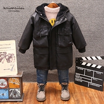 New winter boys thick leather clothing children long hooded coat tide boy 2021 warm plus velvet leather cover