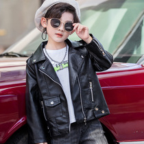 Childrens leather clothing 2021 autumn new locomotive clothing Korean version of small children boys and girls foreign style leather jacket lapel coat