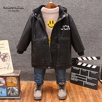 Boy thick casual leather clothing long winter New products 2021 boys plus velvet coat handsome hooded leather outside