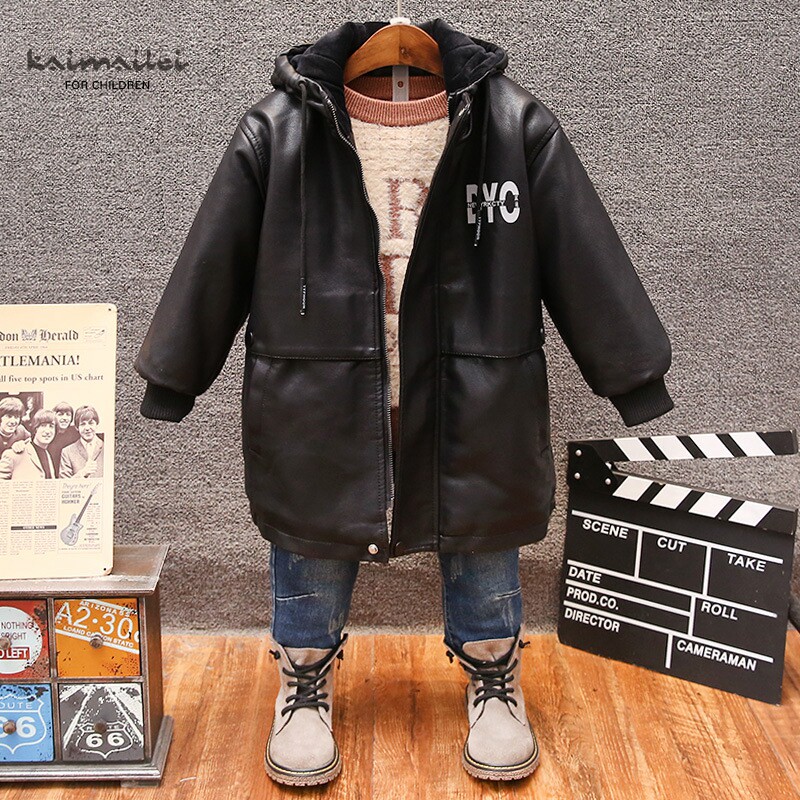 Boy handsome medium long version of leather clothes children with cap plus suede leather jacket warm winter clothing 2022 new Korean version of outerwear