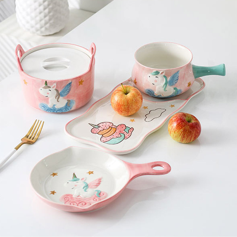 Unicorn Children's Tableware Set, Ceramic, Cute Cartoon, One-Person Dining, Single-Serving, Beautiful Plate, Trendy Style Unicorn Children's Tableware Set, Ceramic, Cute Cartoon, One-Person Dining, Single-Serving, Beautiful Plate, Trendy Style