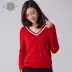 Mùa thu và mùa đông dệt mới áo len cashmere nguyên chất nữ cổ chữ V lỏng dệt kim áo thun chạm đáy áo tương phản màu xoắn áo len nữ - Vòng cổ áo len