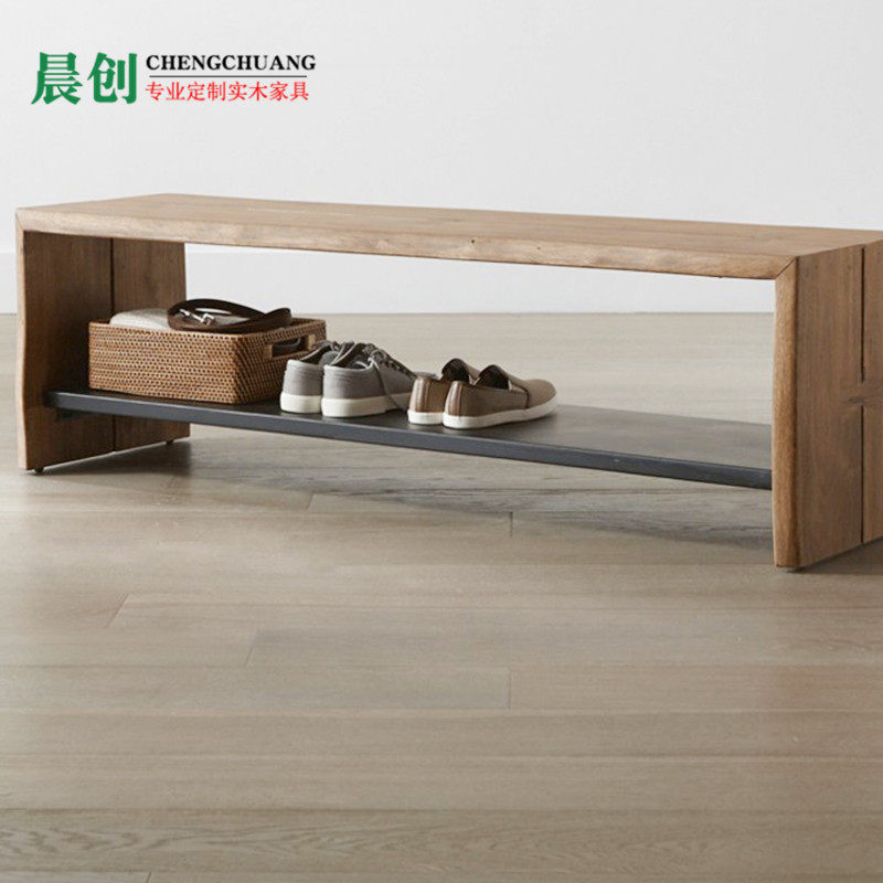 Nordic household use intake double-deck solid wood to change shoe stool creative retro old iron shoe frame door long strip wearing shoe stool