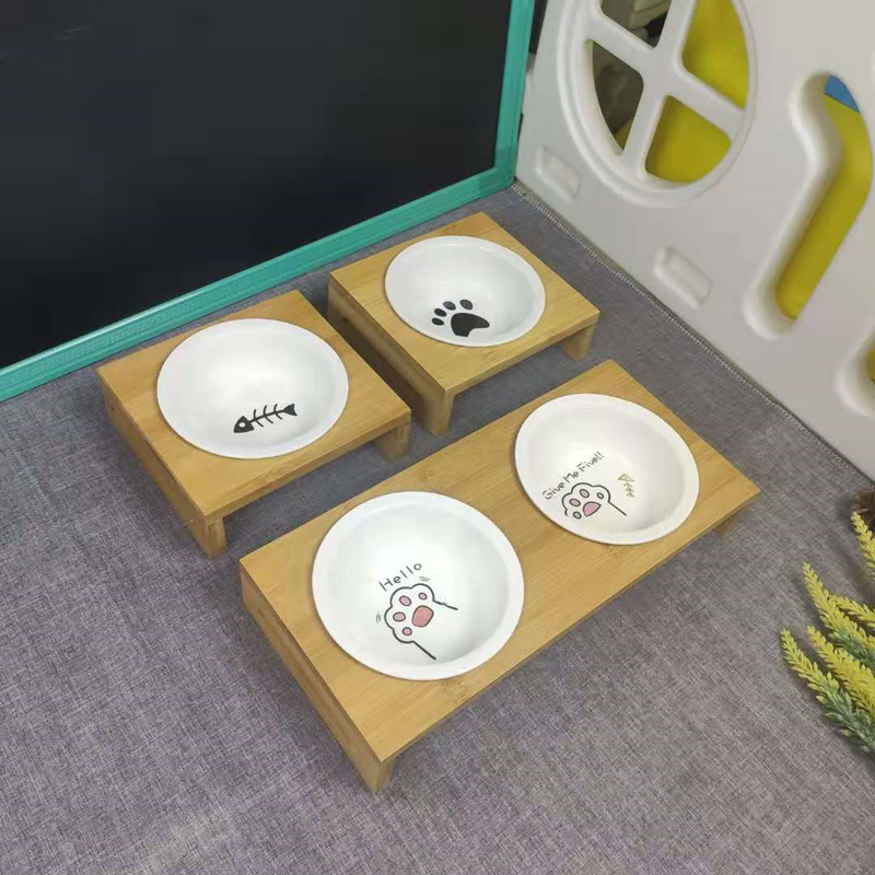 Cat Bowl Ceramic Neck Guard Bamboo Wood Shelf Pet Double Bowl Simple Cat Food Basin Non-slip