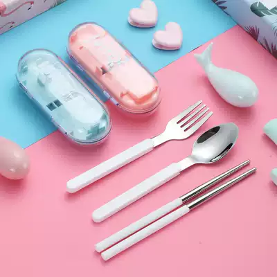Cartoon cute portable tableware chopsticks spoon set single student stainless steel fork storage box three-piece set