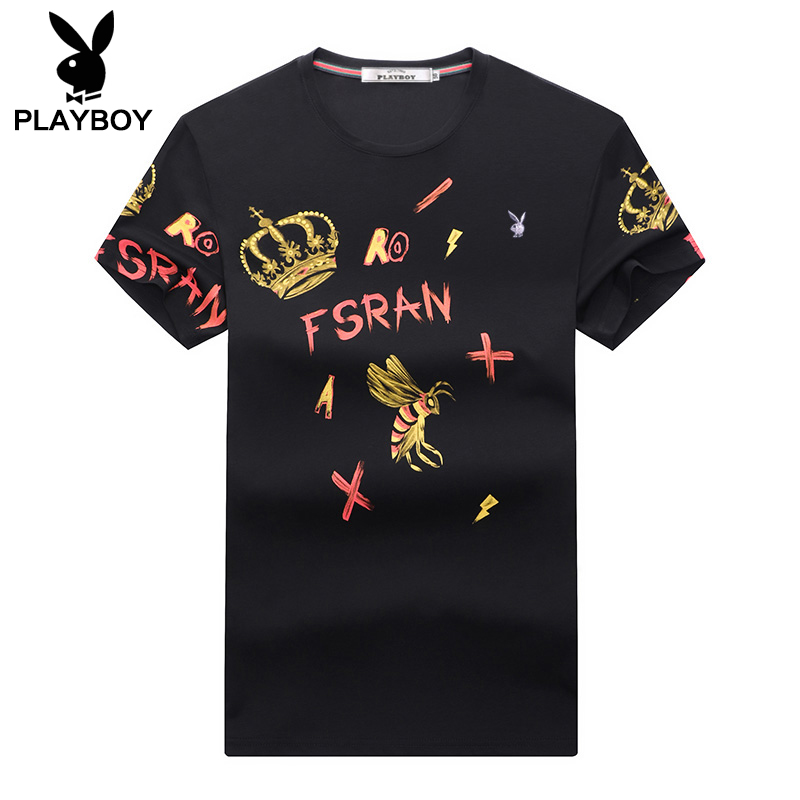 Playboy vài xu hướng đầu ngắn tay áo thun nam mùa hè váy nam ins lụa bông nửa tay áo in ed-shirt