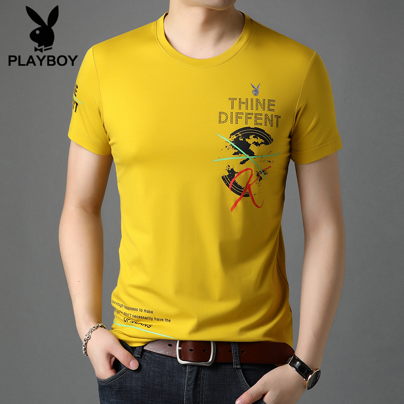 Playboy trắng t-shirt nam 2020 mùa hè của nam giới vòng cổ áo ngắn tay đáy hẹn hò nửa tay áo in sửa của nam giới