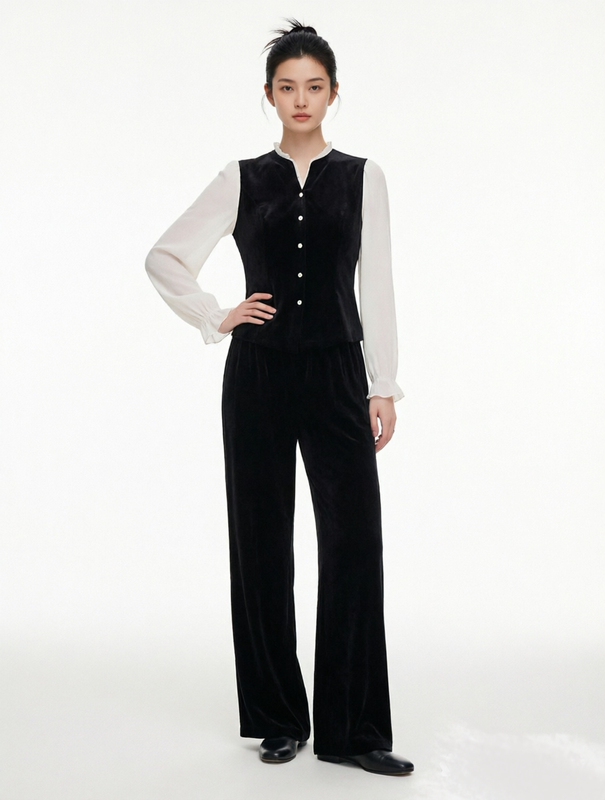 2026 Autumn Gejia New Collection Mall Same Style Versatile Elegant Velvet Top + Velvet Elastic Waist Straight Pants Set