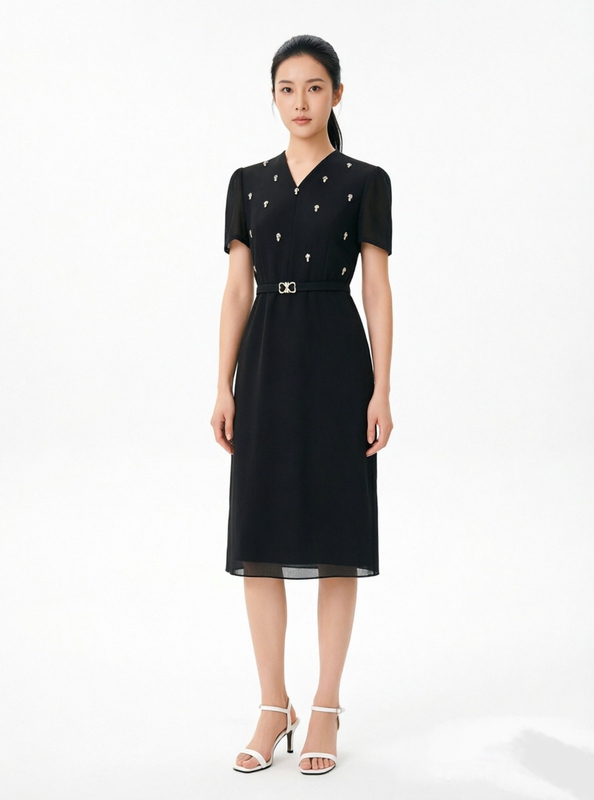 2026 Summer and Autumn New Collection: Elegant Slimming V-Neck Beaded Slim-Fit Waist-Cinching Dress with Belt, Same Style as Keshop Mall 2026 Summer and Autumn New Collection: Elegant Slimming V-Neck Beaded Slim-Fit Waist-Cinching Dress with Belt, Same Style as Keshop Mall
