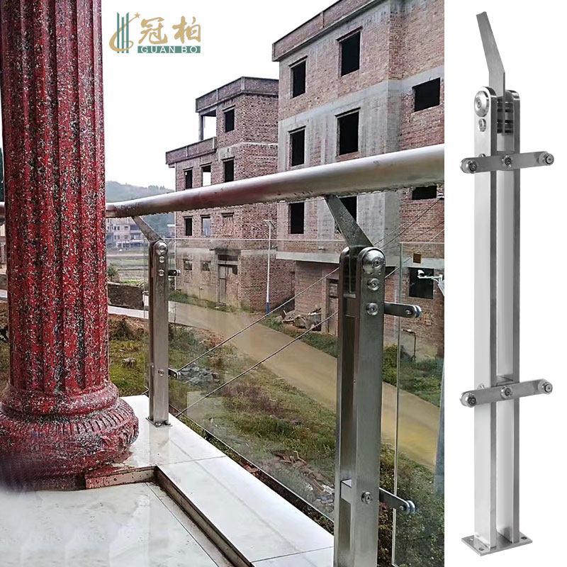 Crown cypress 304 project brushed stainless steel column tempered glass stair handrail railing balcony glass guardrail