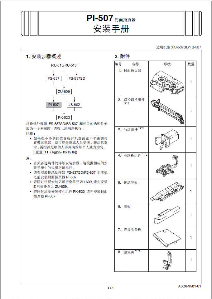 Konica Minolta Copier bizhubC658 C558 C458 Punch Assembly Installation Manual PK519