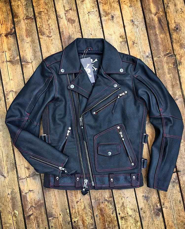 mental heart metal heart Harley red line diagonal zipper heavy motorcycle motorcycle riding cowhide leather jacket