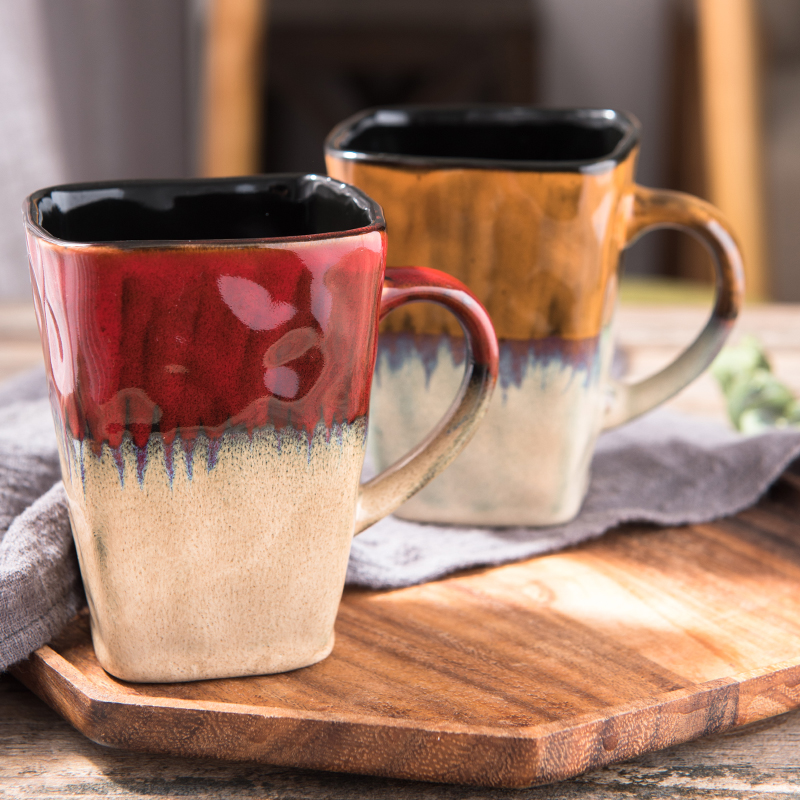 Retro ceramic cup children 's creative mark cup with cover with teaspoons of large capacity of household square glass coffee cup tea cups
