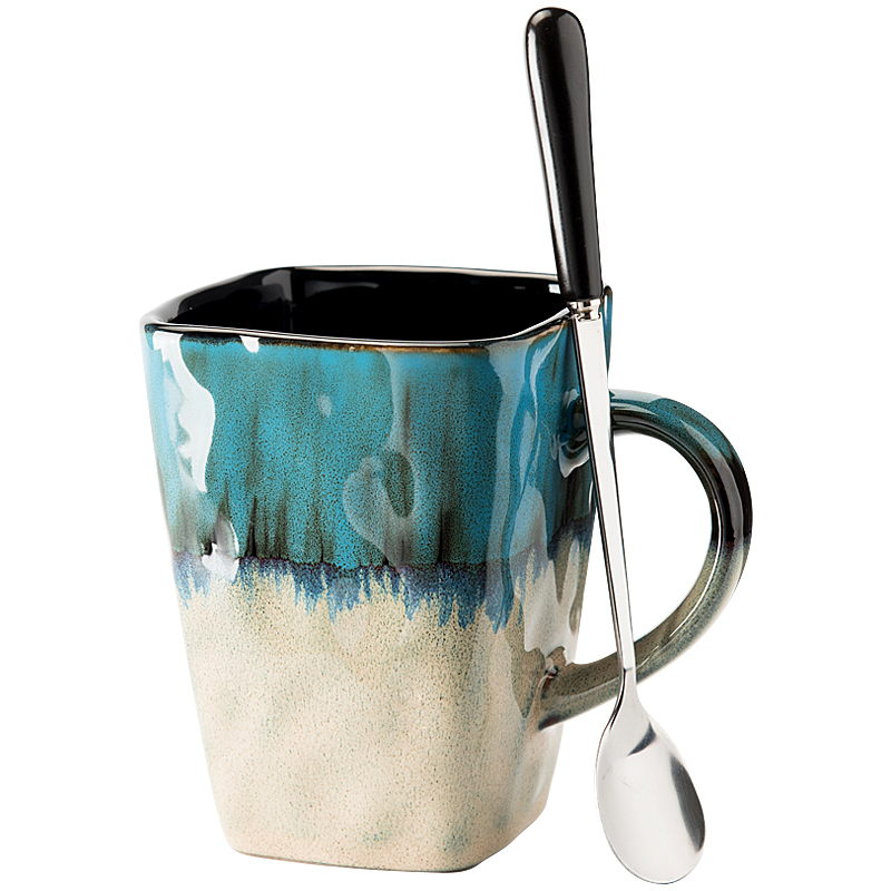 Retro ceramic cup children 's creative mark cup with cover with teaspoons of large capacity of household square glass coffee cup tea cups